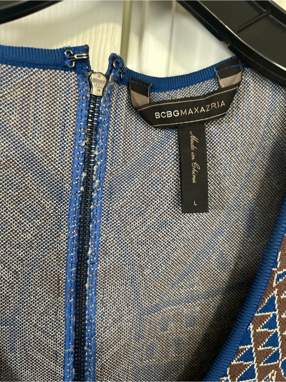 BCBGMAXAZRIA Blue and Gray Knit Zip Dress with Geometric Trim
